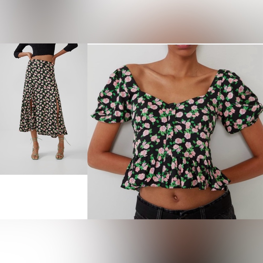 NWT ZARA Floral Black Top and Skirt Set M